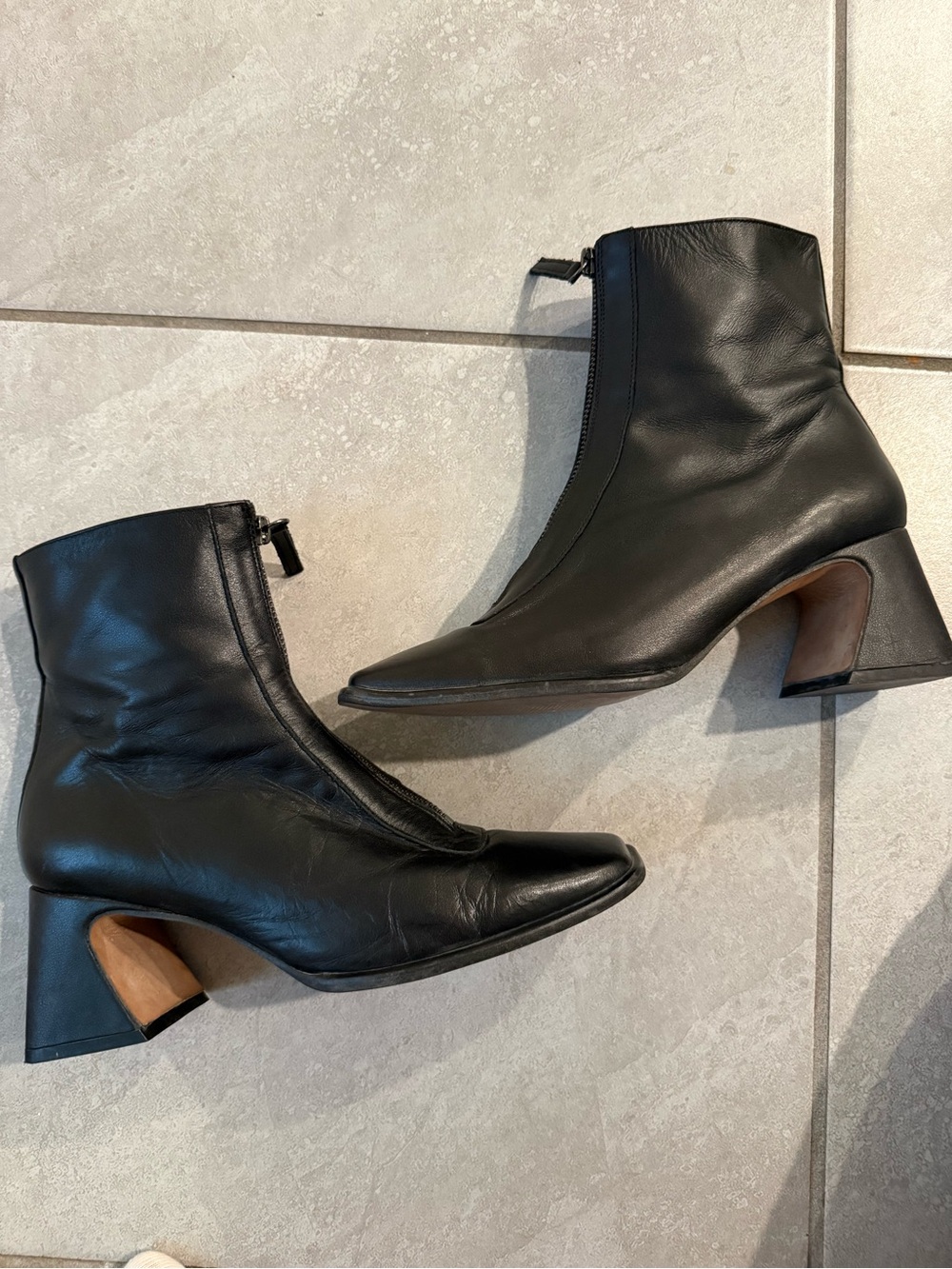 Black Front Zip Leather Ankle Boots - Picture 5 of 8